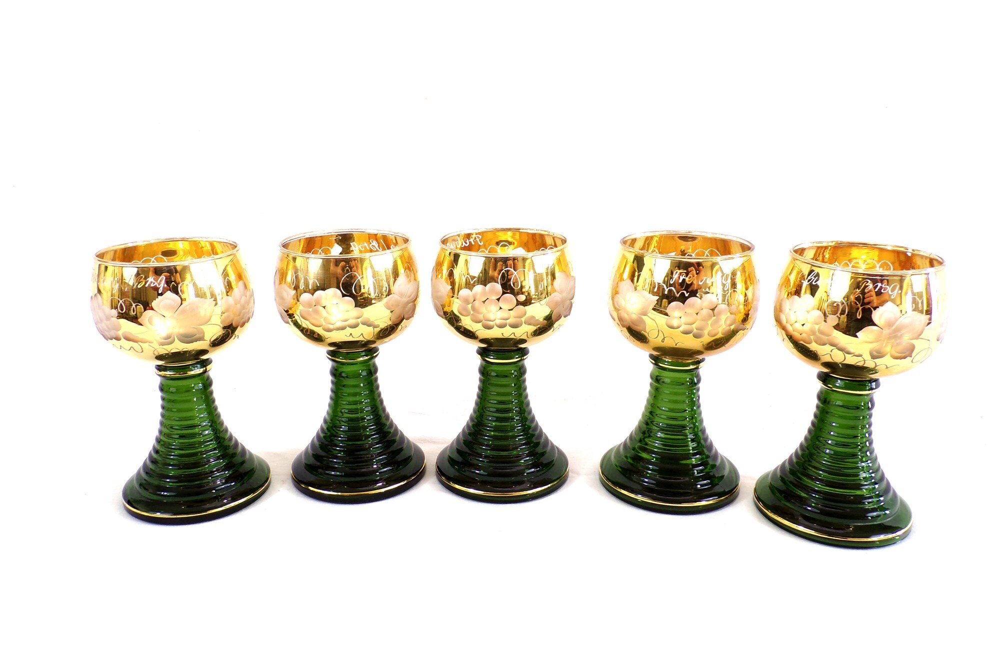 Lot de 5 Verres Du Rhin Roemer Dorés à L'or Fin et Taillés, Vin Blanc