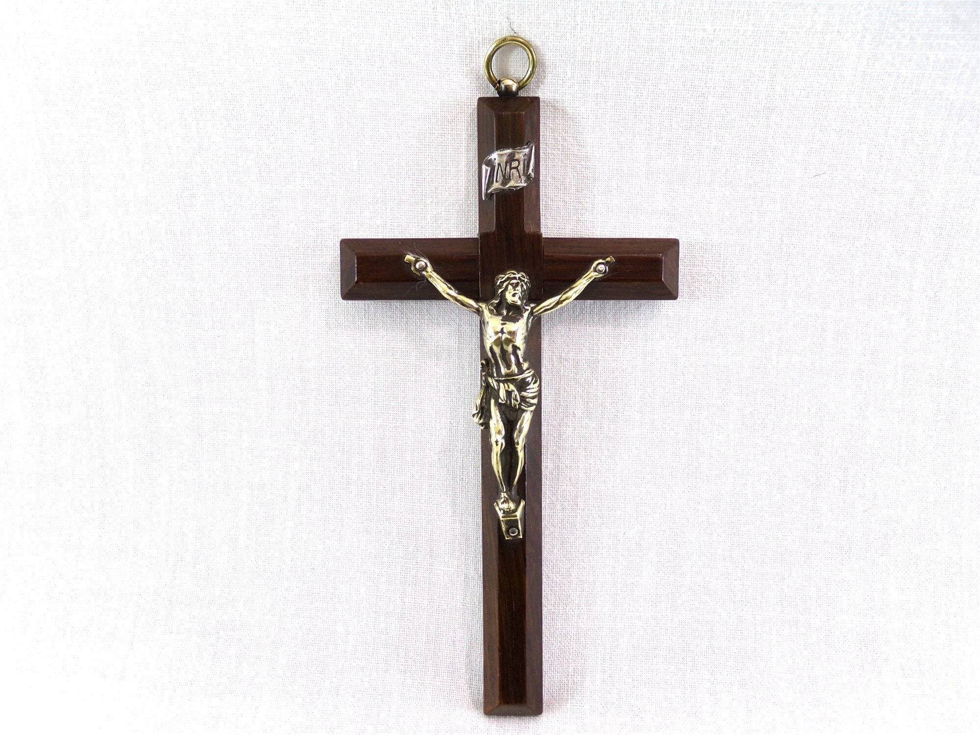 Grande Croix en Bois et Laiton Vintage Objet de Dévotion Religion Catholique Culte France Vintagefr