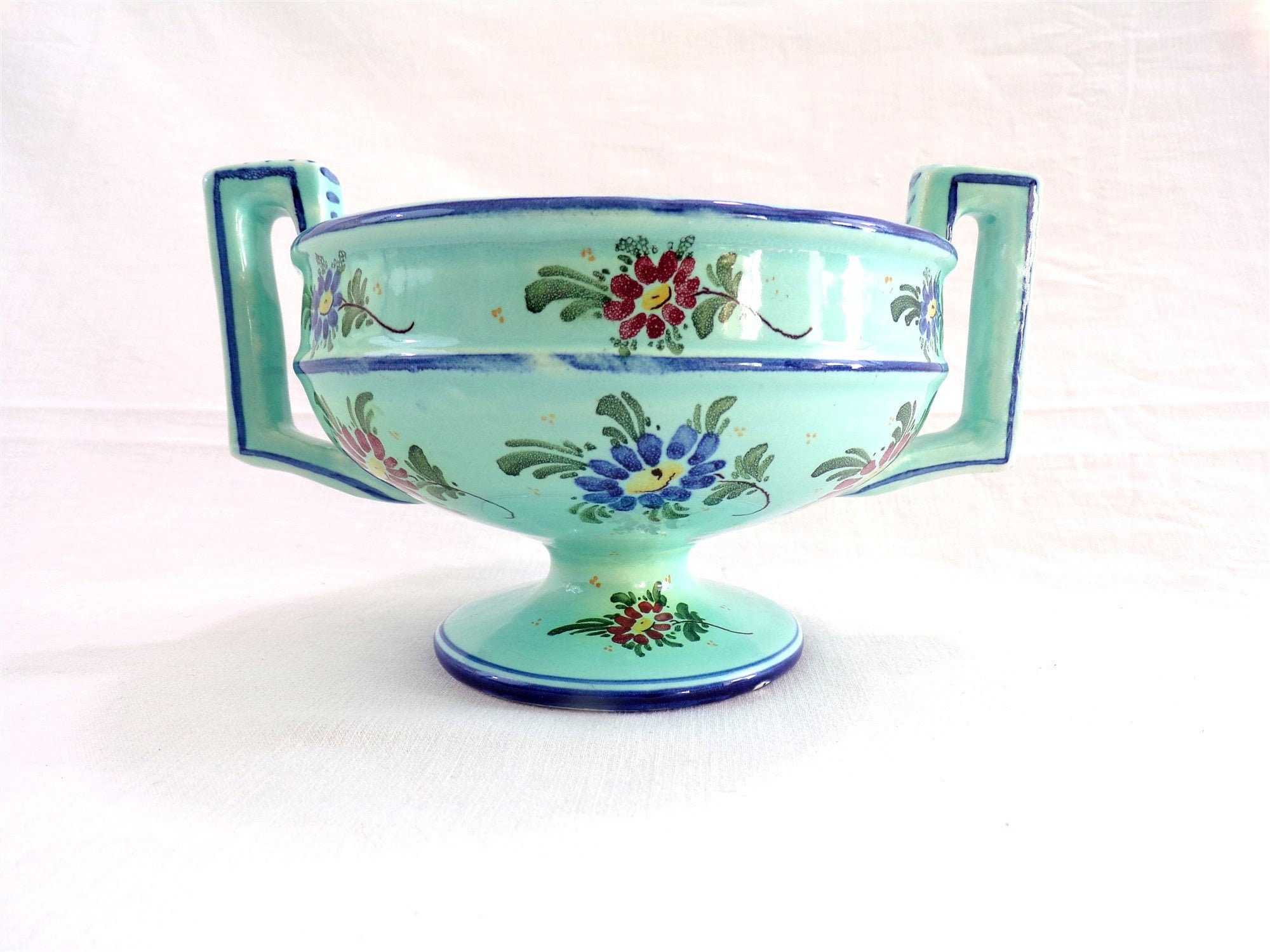 Coupe Vintage en Faïence Bleue, Décorée à La Main et Signée Mf