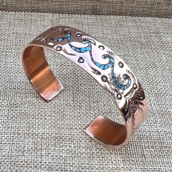 6 7/8” Navajo Copper Bracelet with Water and Sunrise Design and Chip Turquoise Inlay (Larger Wrist Size)