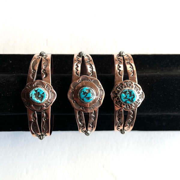 6 1/4” Navajo Copper Bracelet with Turquoise and Stamp Work  (Medium Wrist Size)