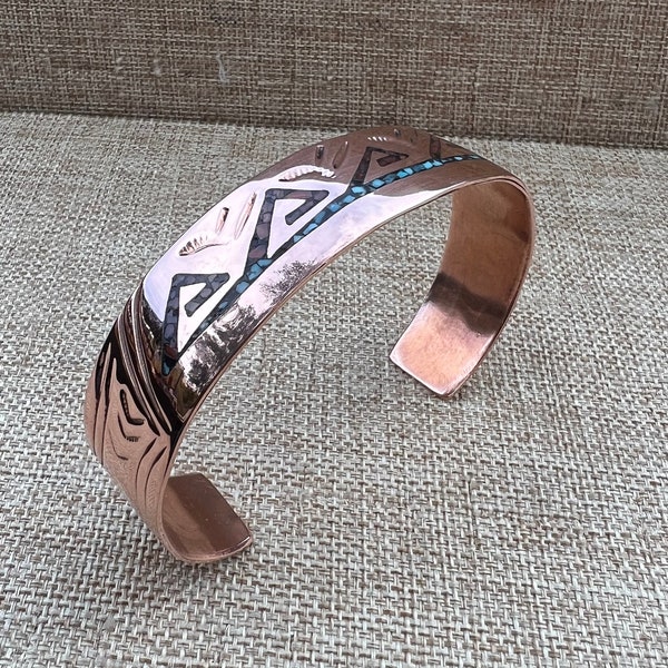 6 7/8” Navajo Copper Bracelet with Water and Sunrise Design and Chip Turquoise Inlay (Larger Wrist Size)