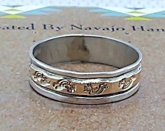 Sterling Silver & 14 Karat Gold Fill Kokopelli Design Stamped Band Ring Navajo Handmade