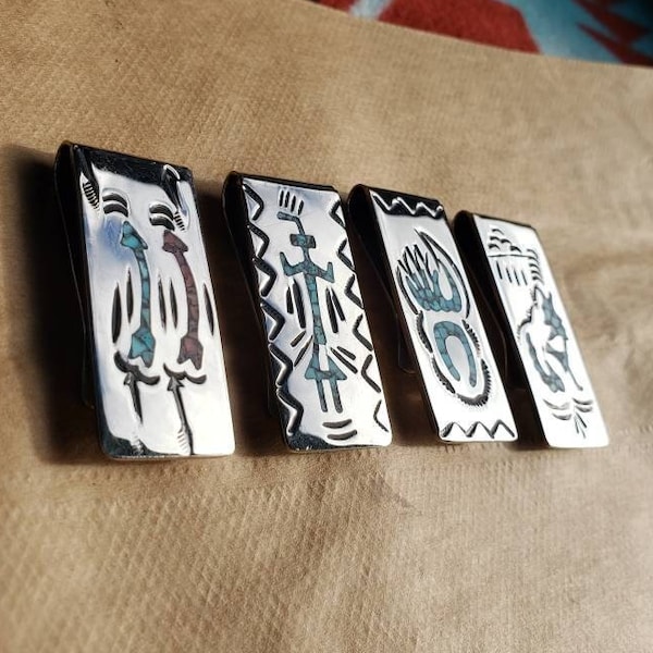 Nickel Money clips with Chip Turquoise and Apple Coral Inlay Navajo Handmade