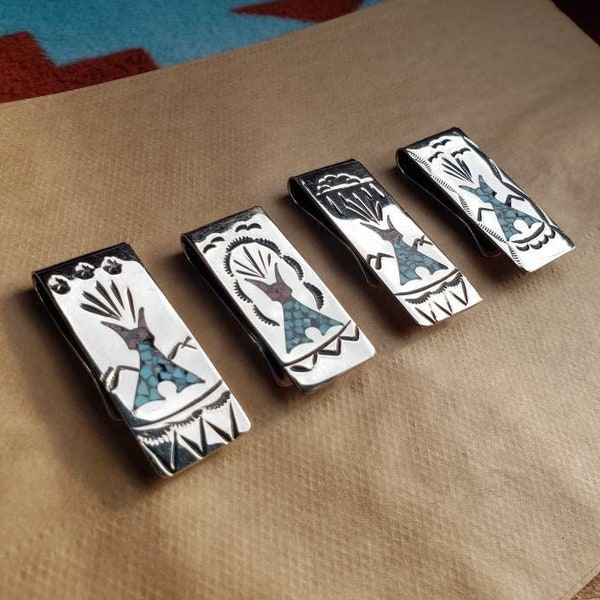Nickel Teepee Money clips with Chip Turquoise and Apple Coral Inlay Navajo Handmade