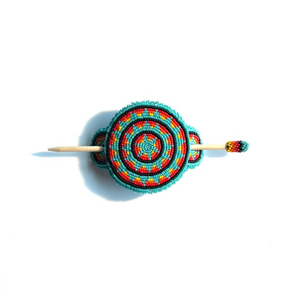 Grand morceau de chignon perlé Navajo avec bâton perlé couleur turquoise avec étapes de conception de vie