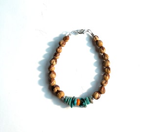 Navajo Juniper Berry Seed Bracelet/Anklet with Turquoise and Spiny Oyster Shell