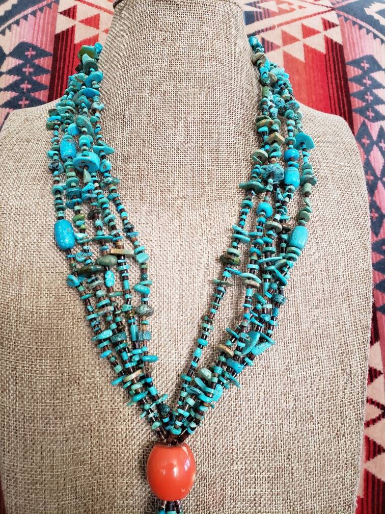 5 Strand Turquoise Navajo Necklace With Coral and Shells - Etsy
