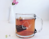 Virginia State Outline Home Mug | Clear Glass Mug | White Hand Lettering | Glass Coffee Mug