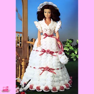 Patrón de vestido vintage a crochet, patrón de vestido de fiesta en el jardín a crochet, patrón de vestido de gala blanco a crochet, vestido con rosas y cintas a crochet pdf