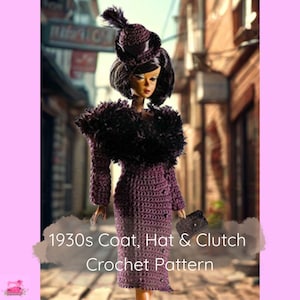 Vintage 1930er Jahre Outfit Häkelmuster, Fancy Lady, Edel Plum, 31 cm Puppen, Fancy Fashion, French Vintage, Mantel, Hut, Clutch Geldbörse