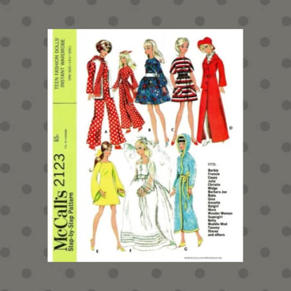 McCall's 2123 doll clothes sewing pattern, 8 outfits, vintage, 1969, fits Barbie, Sindy, 11 inch fashion dolls, digital download, PDF