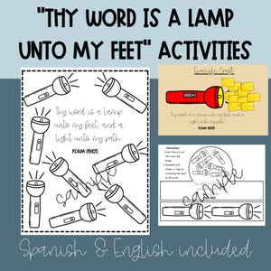 May include: A printable activity sheet featuring the text "Thy word is a lamp unto my feet" and "Psalm 119:105" with black and white line drawings of flashlights. Includes a coloured example craft of a red flashlight and instructions for assembly.