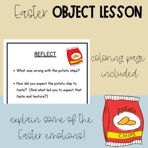 Puede incluir: Una hoja de trabajo educativa titulada "Lección de objetos de Pascua" con texto e ilustraciones. La hoja de trabajo incluye preguntas sobre papas fritas y una página para colorear. También se muestra una bolsa roja de papas fritas.