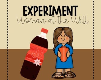Puede incluir: Una ilustración digital con el texto EXPERIMENT Woman at the Well. Una botella de plástico marrón con tapón y etiqueta roja junto a un personaje de dibujos animados con pelo largo castaño, túnica azul y sandalias, sosteniendo una jarra naranja.