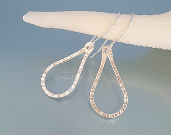 Hammered real silver teardrop earrings, handmade petal jewellery, pear shaped allergy free sensitive ears gift for girlfriend wife mum