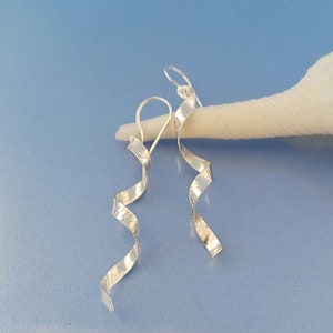 Silver corkscrew earrings, UK handmade spiral earrings, twisted hammered silver ribbons nickel free solid silver gift girlfriend wife mum