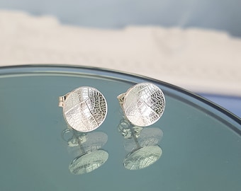 Silver Leaf Print Stud Earrings: Handmade Sterling Silver Minimalist Cupped Discs