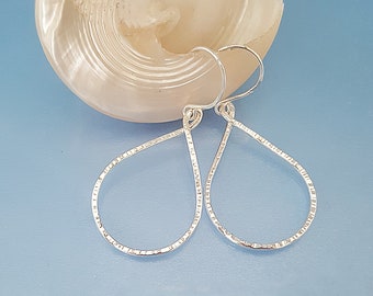 Hammered Sterling Silver Teardrop Hoop Earrings: Handmade Minimalist Jewellery