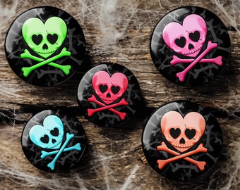 Pastel Goth Heart Skull and Crossbones Button - Pin, Keychain, Zipper Pull, Magnet