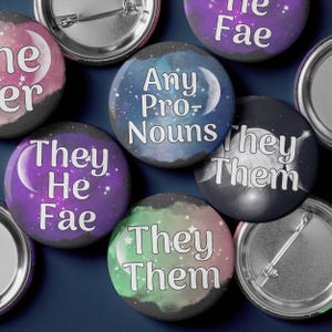 Celestial Pronoun Pin - Moonlit Sky Design - Choose Your Color & Any Pronouns