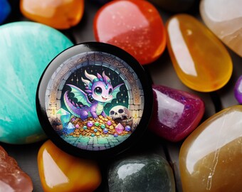 Tiny Cute Dragon on Treasure Hoard RPG DnD Button - Pin, Keychain, Zipper Pull, Magnet