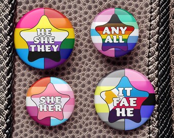 Custom Triple Pride Flag Star Pronoun Button - Pin, Keychain, Magnet, or Zipper Pull - Sauna Font