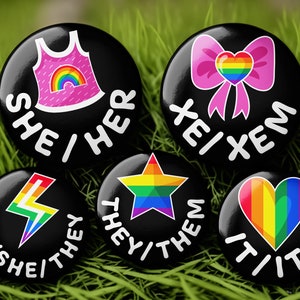 Pride Flag Icons Pronoun Buttons with Any Pronouns - Pin, Keychain, Zipper Pull, Magnet