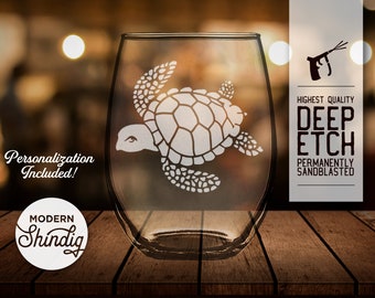 Sea Turtle Etched Wine Glass, Deep Etch Sea Turtle, Personalize this Stemless Wine, Pint or Whiskey Glass Deeply Sandblasted
