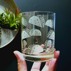 Taco whiskey glasses, Cinco De Mayo, Fiesta, sandblasted rocks glass, Tacos Etched in the round, Taco Party image 2