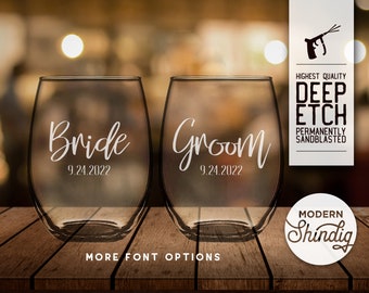 Bride and Groom Stemless Wine Glasses, Personalized with Wedding Date, Deeply Sandblasted Etched Wine Glasses, Custom Wedding Gift