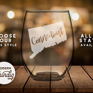 ¡Etch Connecticut State Silhouette Wine Glass, Pint Glass, Whiskey Glass y más! Vidrio grabado de Connecticut