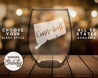 Etched Connecticut State Silhouette Glass: Wine, Pint, Whiskey