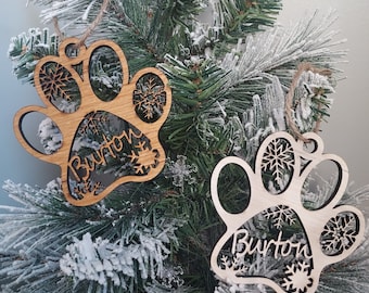 Personalized Dog or Cat Paw Christmas Ornament, Handmade Wood Ornament with Name, Snowflake Pet Ornament, Pet name Ornament