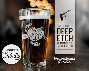 Sea Turtle Etched Glass, Deep Etch Sea Turtle, Personalize this Stemless Wine, Pint or Whiskey Glass Deeply Sandblasted