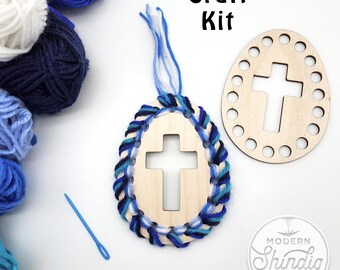 Easter Egg Yarn Craft Kit – Wood Cross Ornament, Kids Montessori Activity