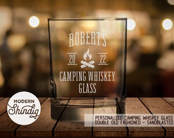 Personalized Camping Whiskey Glass - Single Whiskey - Sandblasted -  Double Old Fashioned - Etched Rocks Glass Custom name and Year