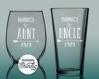 Promoted to Aunt and Uncle - Promoted to Uncle - Stemless Wine Glass and Pint Glass Combo - Sandblasted Glasses - Aunt and Uncle Established