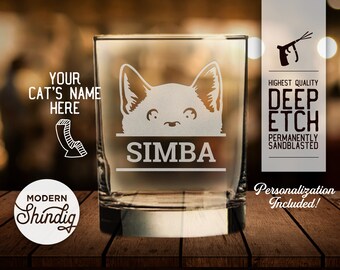 Personalized Cat Whiskey Glass, Wine Glass or Pint Glass, Peeking Cat, Kitten, Personalize with your pet's name, Deeply Sandblasted