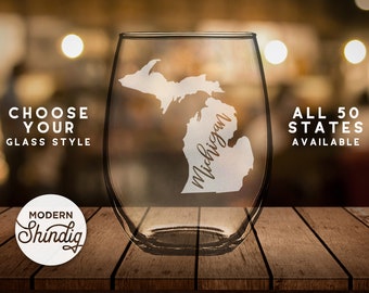Etch Michigan State Silhouette Wine Glass, Pint Glass, Whiskey Glass and More! Michigan Etched Glass