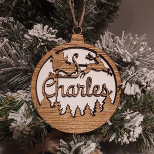 Personalized Christmas Ornament Santa in his Sleigh over Pine Trees, Handmade Wood Ornament, Scenic Santa Ornament, Name with Year Optional