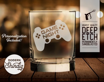 Game Night Whiskey Glass, Pint, or Stemless Wine Glass Deeply Sandblasted, Video Game Gife, Gamers, Game Controller