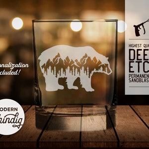 Bear with Mountain Range Whiskey Glass, Pint Glass or Wine Glass, Personalize this Glass, Deeply Sandblasted, Grizzly Bear