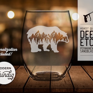 Sandblasted Bear Wine Glass: Personalized Mountain Scene Whiskey or Pint Glass