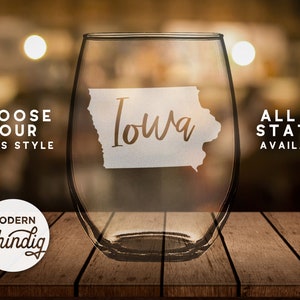 Etched Iowa State Silhouette Glass: Wine, Pint, Whiskey