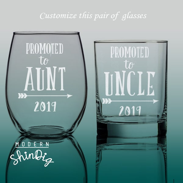 Etch Promoted to Aunt and Uncle - Promoted to Uncle - Stemless Wine Glass and Whiskey Glass Combo - Sandblasted - Aunt and Uncle Established