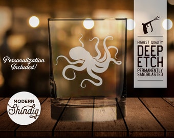 Etched Octopus Whiskey Glass, Sandblasted Stemless Wine Glass