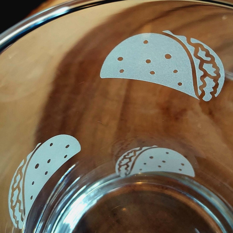 Taco whiskey glasses, Cinco De Mayo, Fiesta, sandblasted rocks glass, Tacos Etched in the round, Taco Party image 3