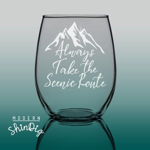 Sandblasted Stemless Wine Glass: Mountain Adventure Travel Gift