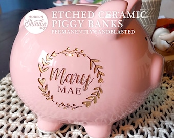 Personalized Ceramic Piggy Bank with Engraving, Sandblasted Blue Pink or Gray Banks, Baby Gift, Baby Shower, Etched Piggy Bank with Name